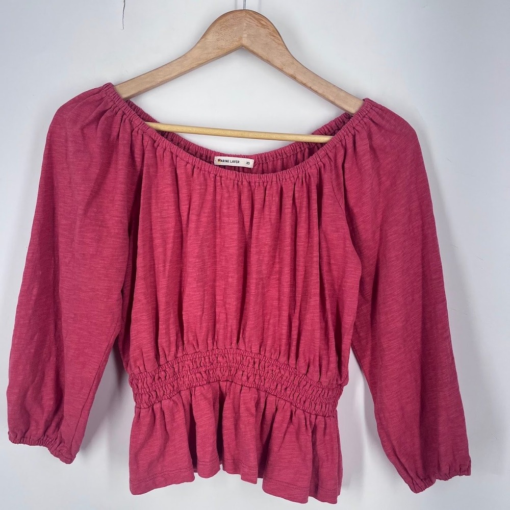 Marine Layer Womens Christiana Knit Top Cotton Slub Smocked Peplum Top Size XS - Picture 3 of 14